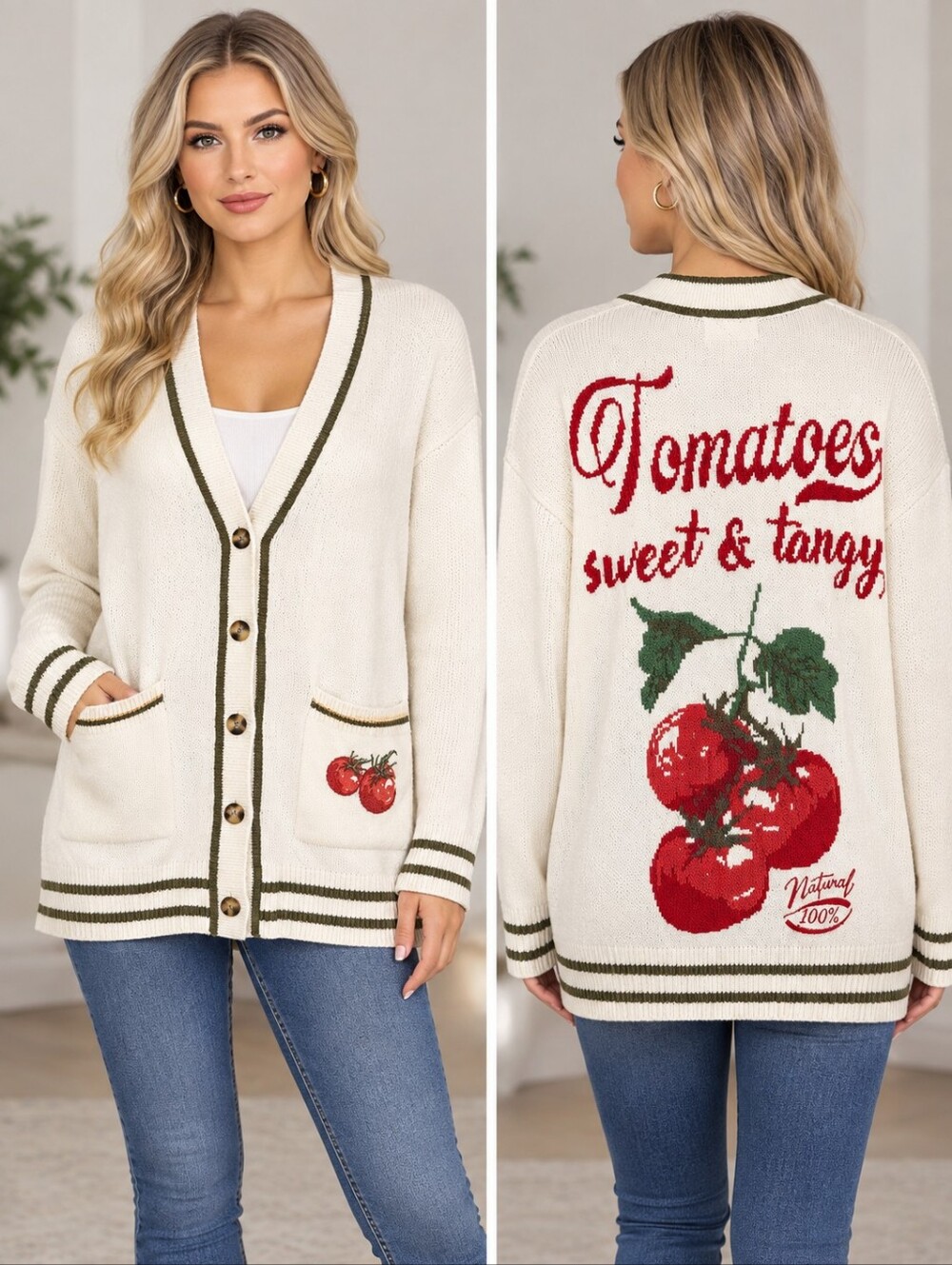 Cream Tomato Graphic Button-Front Cardigan Sweater Sz S-Oversized (NWT)